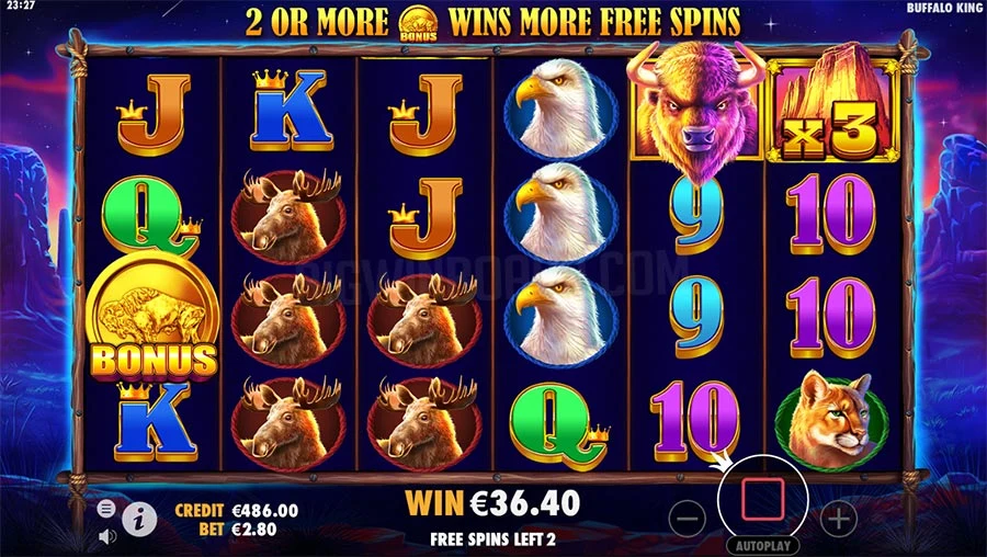 Giros gratis de Buffalo King Megaways con scatter Bonus, cascada y premio en pantalla