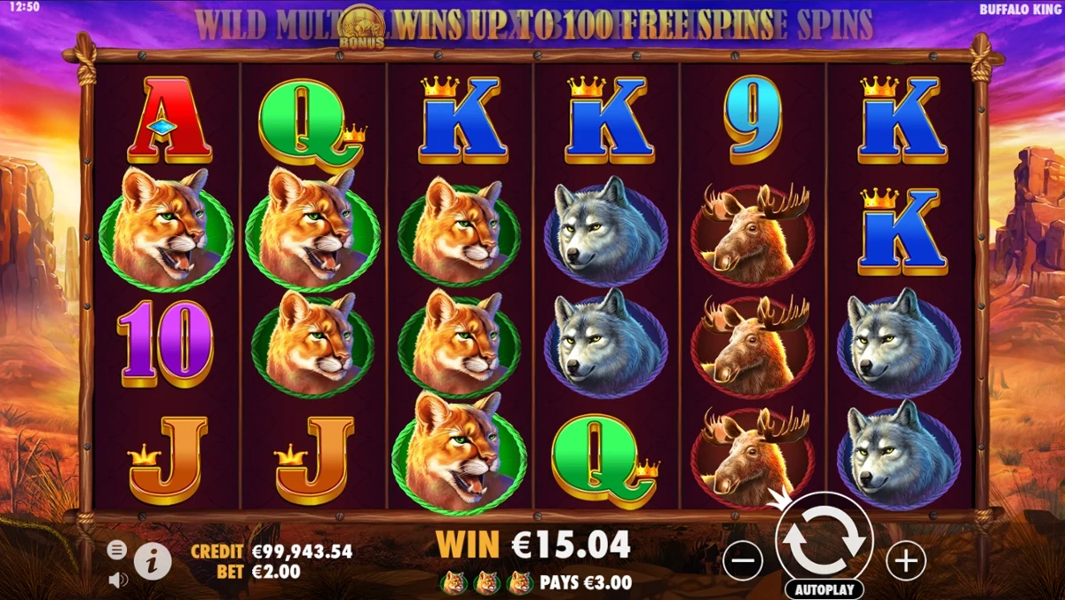 Juego base de Buffalo King Megaways al atardecer, con pumas, lobos y alces en los carretes